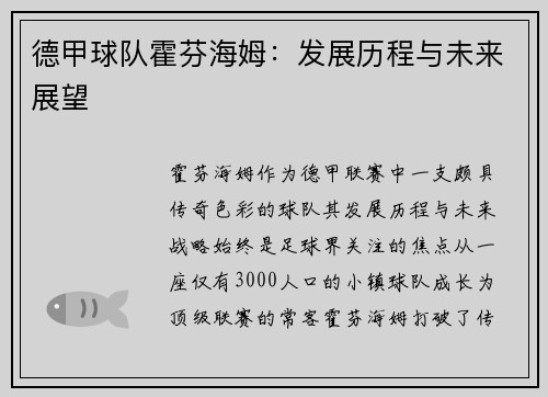 德甲球队霍芬海姆：发展历程与未来展望